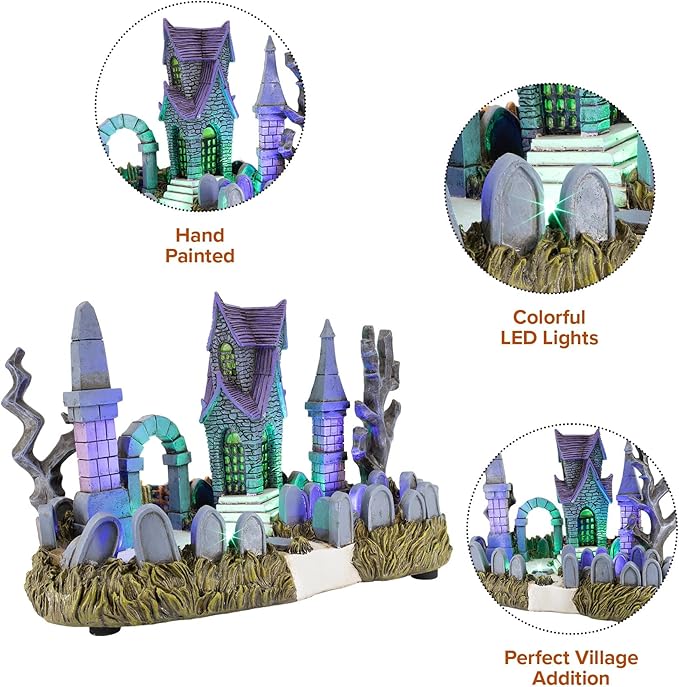 Cemetery Yard Graveyard Grave Theme Spooky Halloween Village Colorful LED Lights 9.25"x 5" x 6.25"-Ruum Studio Home