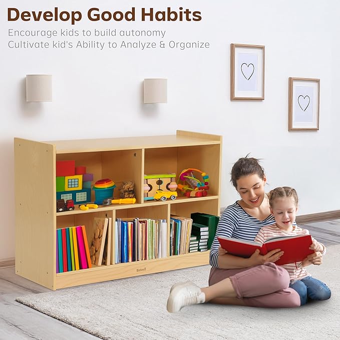 Toy Storage Organizer for Kids Room, Wooden Kids Bookshelf for Classroom, Cube Storage Organizer for Playroom, 5-Section Montessori Bookshelf & Toy Shelf for Nursery-Ruum Studio Home