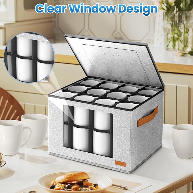 2-Layer Coffee Mug Storage Box with Dividers, Cup Storage Organizer with Zipper Lid and Handles, Stackable China Storage Containers Service for 24 Mugs, Cups and Glasses, Light Grey-Ruum Studio Home