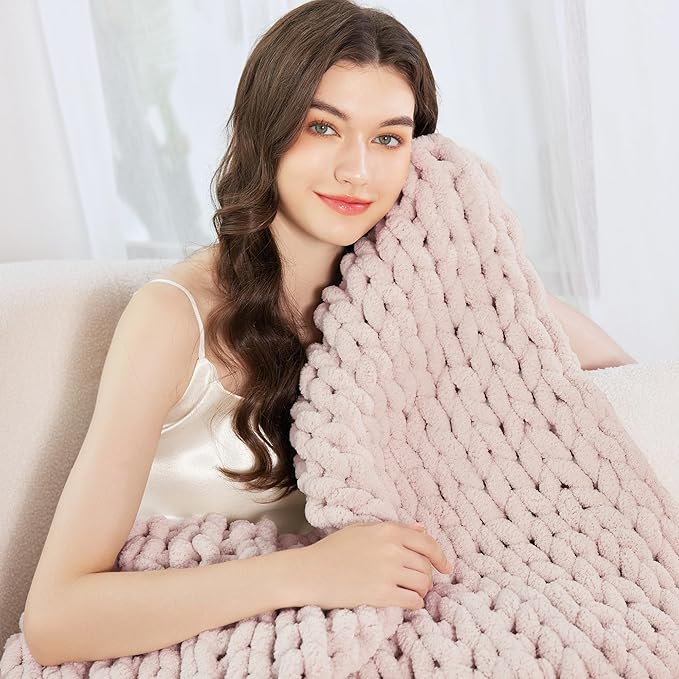 Admitrack Chunky Knit Blanket Throw, 100% Hand Knit Chenille Throw Blanket for Sofa & Home Decor, Soft and Cozy Knitted Throw Blankets (Pink，51"x63")-Ruum Studio Home