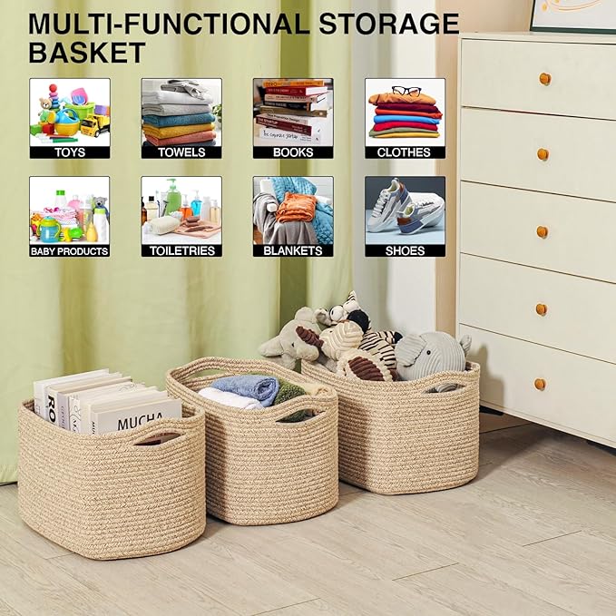 Decorative Storage Baskets for Organizing Shelves, Toy Basket for Nursery, Woven Cotton Rope Baskets for Decor, Towel Basket for Bathroom, 15"x11"x9.5", 3 Packs, Brown-Ruum Studio Home