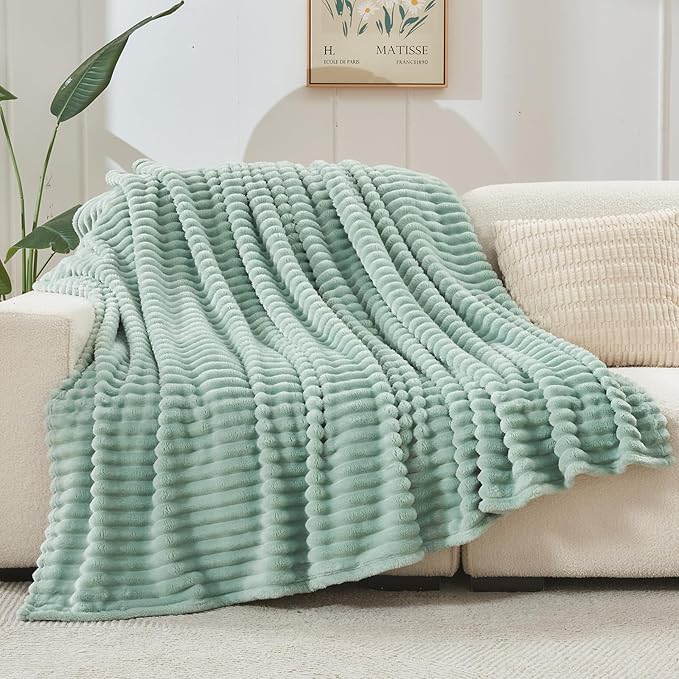 NEWCOSPLAY Super Soft King Blanket New Sage Green Premium Silky Flannel Fleece 3D Ribbed Jacquard Lightweight Bed Blanket All Season Use (New Sage Green Ribbed, King(90"x110"))-Ruum Studio Home