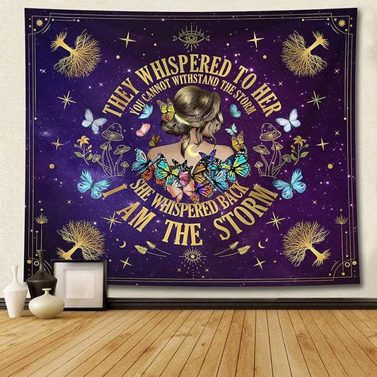 Inspirational Quote Tapestry,They Whispered to Her You Cannot Withstand The Storm Positive Motivational Uplifting Encouragement Gifts Wall Decor for Bedroom,Inspirational Gift for Women Teens Girls-Ruum Studio Home