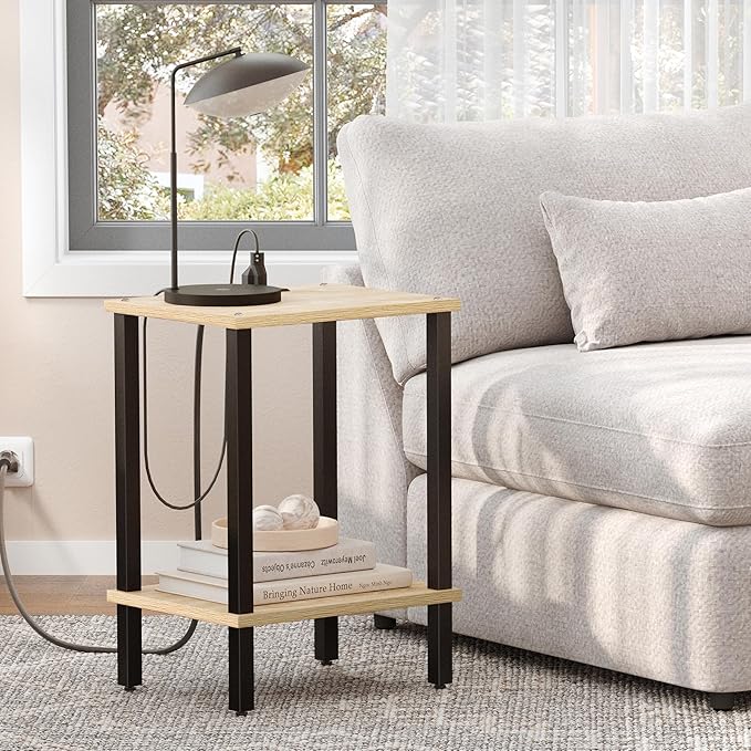 TUTOTAK End Table with Charging Station, Small Side Table with Outlets, Nightstand Bedside Table, 2-Tier Storage Shelf for Small Space, Living Room, Bedroom, Oak TB01BO040-Ruum Studio Home