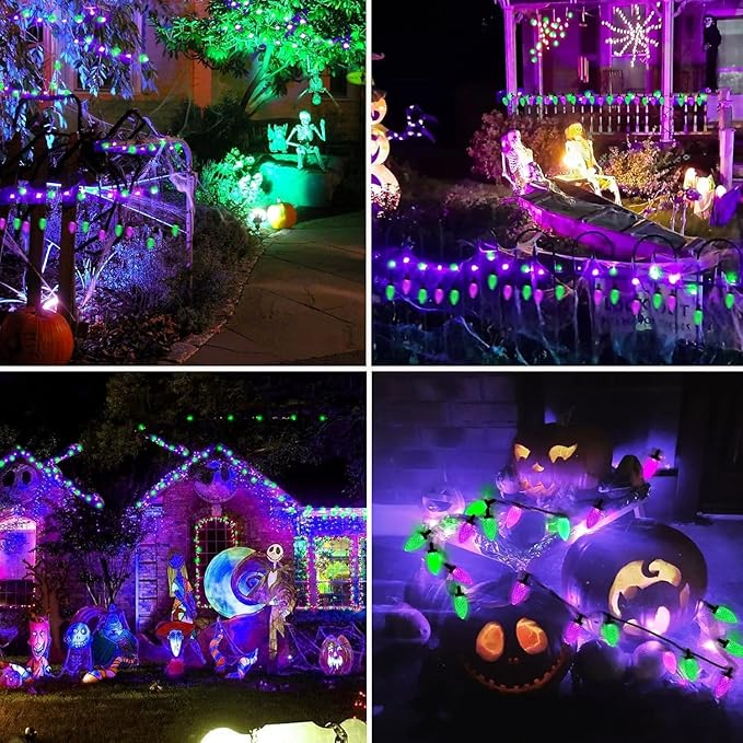 Extendable Purple and Green 2PK 100 LED C9 Halloween Lights Indoor Outdoor Waterproof, 98FT Super Bright C9 String Lights 13 Modes with Timer for Tree Patio Party Garden Halloween Decorations-Ruum Studio Home