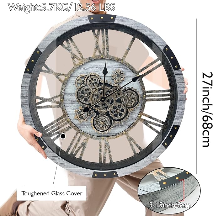 DORBOKER 27" Original Moving Gears Wall Clock, Large Industrial Wall Clock for Living Room Decor, Retro Metal Solid Wood Vintage Farmhouse Steampunk Rustic Clocks for Wall Decor,Silver Grey-Ruum Studio Home