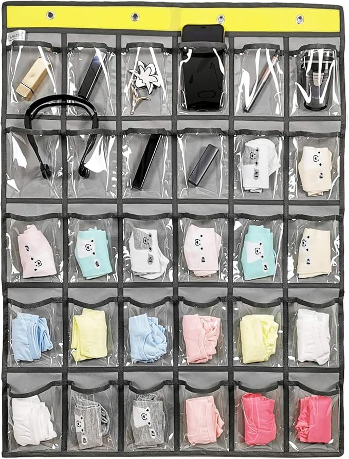 Classroom Pocket Chart for Phone Calculator Holder Over The Door Hanging Closet Jewelry Organizer with 30 Clear Pockets (GREY)-Ruum Studio Home