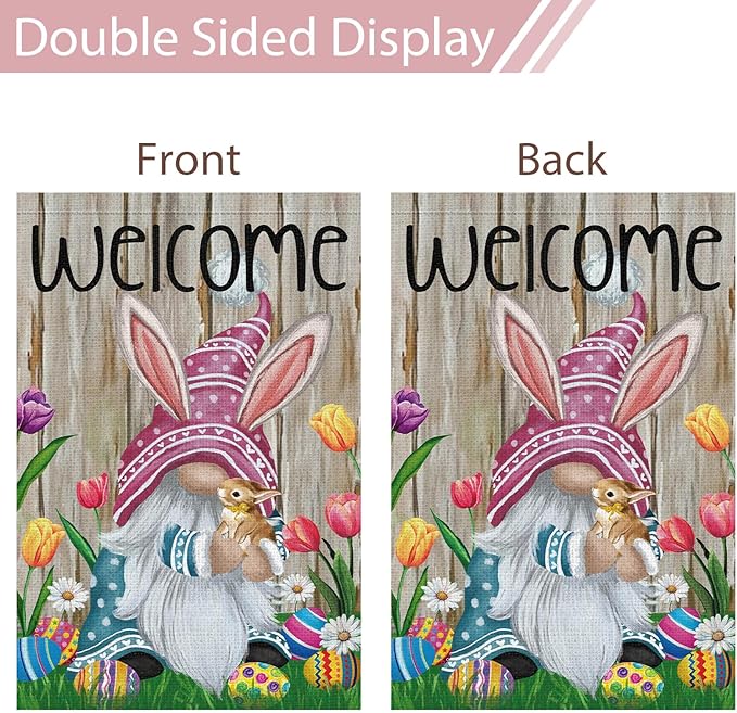 Welcome Easter Gnome Garden Flag 12x18 Double Sided Burlap, Funny Bunny Floral Small Yard Flag Banner for Holiday Farmhouse Outdoor Decor (ONLY FLAG)-Ruum Studio Home