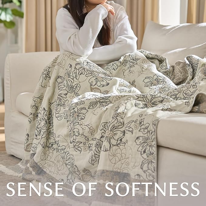 jinchan Boho Floral 100% Cotton Blanket 4-Layer Throw Blanket with Tassel Grey and White Flower Butterfly Soft Luxury Rustic Farmhouse Decor Blanket for Couch Bed 60x80 inch All Season Gift for Women-Ruum Studio Home