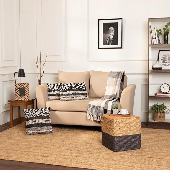 REDEARTH · Cube Pouf Foot Stool Ottoman - Jute Braided Pouffe Poof Accent Sitting Footrest for The Living Room, Bedroom, Nursery, Patio, Lounge & Other Rooms (14.5”x14.5”x16”; Natural Gray)-Ruum Studio Home