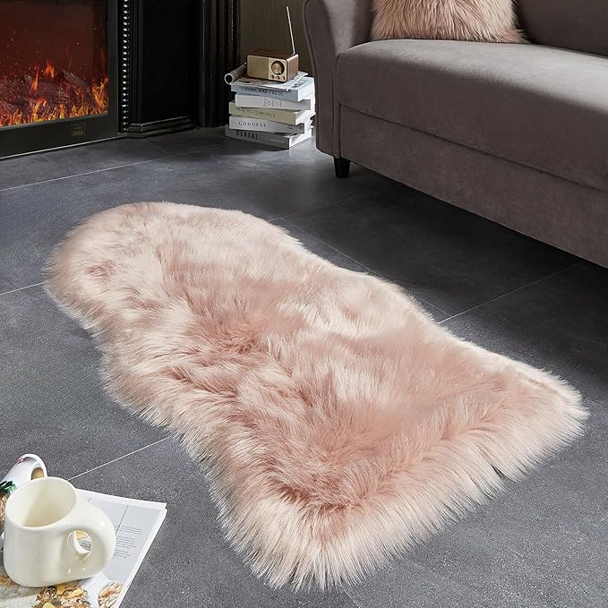 AMTOVO Faux Fur Rug, Pink Area Rug, Fluffy Sheepskin Rug, Fuzzy Ultra Soft 2 x 4 ft Shag Rugs for Bedroom Sofa Throw Cushion Room Decor, Sheepskin-Ruum Studio Home