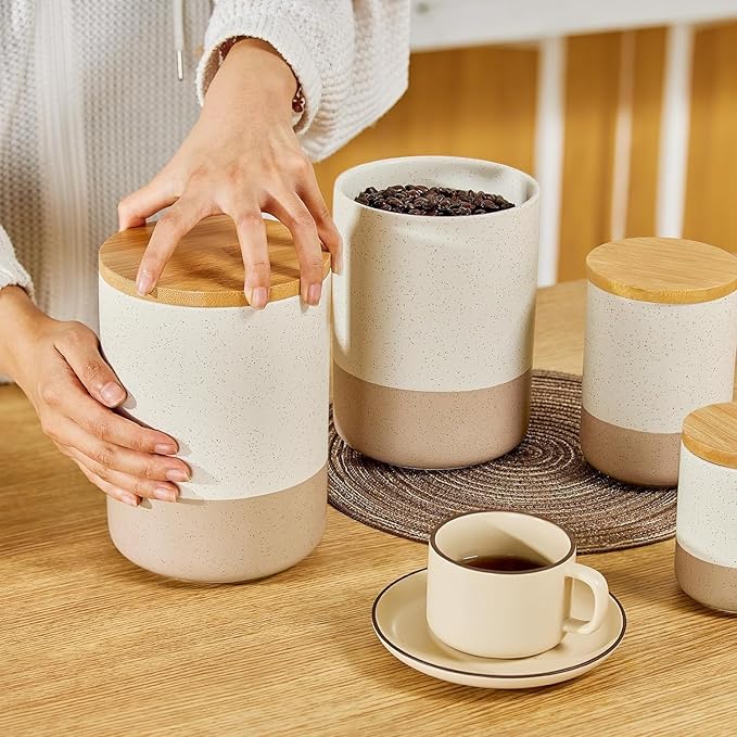 Yangbaga Canister Sets for Kitchen Counter, 80 OZ Large Ceramic Food Storage Jars with Airtight Wood Lids, Large Kitchen Canisters for Coffee, Sugar, Tea, Flour, Spice-Ruum Studio Home