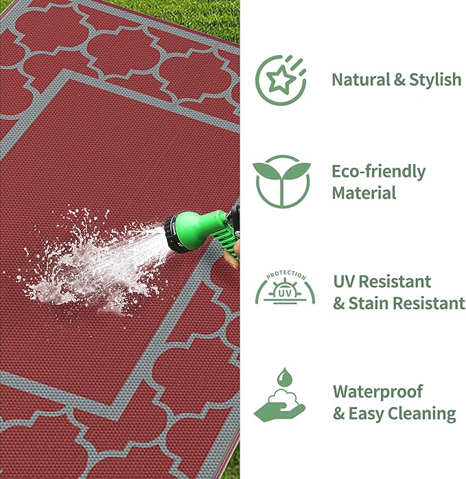 GENIMO 6' x 9' Outdoor Rug Waterproof for Patio Decor, Foldable Reversible Plastic Straw Area Rugs Mat for Camper, Outside Carpet for Rv, Deck, Porch, Picnic, Beach, Balcony, Red & Grey-Ruum Studio Home