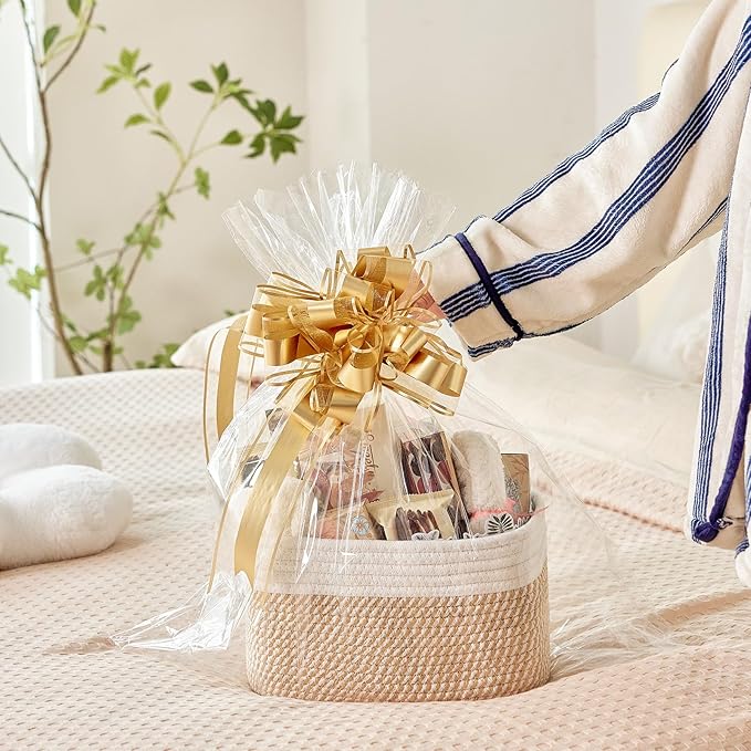 Small Cotton Rope Storage Basket Set of 3-11"x7"x7" Perfect Woven Baskets for Storage, Ideal Storage Baskets for Organizing Toys, Towels, and More - Baskets for Shelves（White & Mixed Camel）-Ruum Studio Home