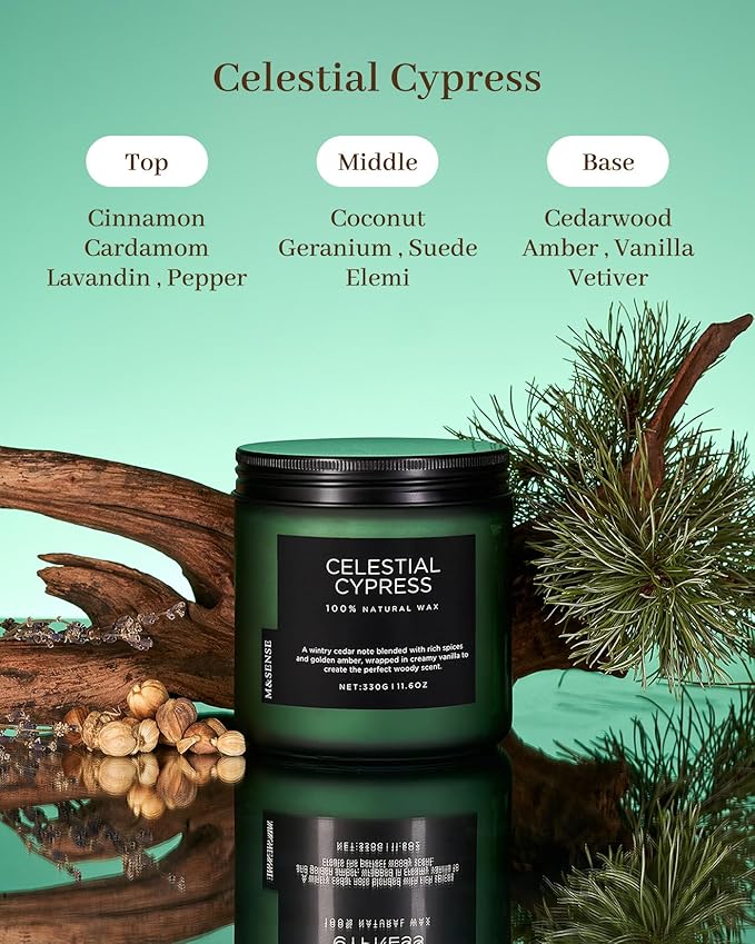 M&SENSE Celestial Cypress - Cedarwood Spice Scent Natural Soy Wax Highly Scented Candle, 11.6oz 2 Wick 70 Hours Long Lasting Candle Woody Scent Gifts for Dad-Ruum Studio Home