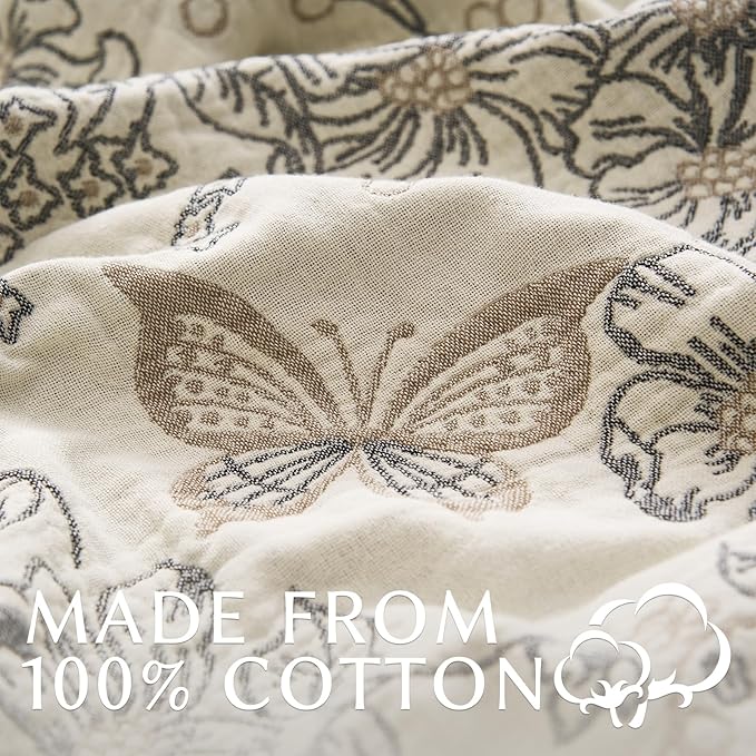 jinchan Boho Floral 100% Cotton Blanket 4-Layer Throw Blanket with Tassel Grey and White Flower Butterfly Soft Luxury Rustic Farmhouse Decor Blanket for Couch Bed 80x90 inch All Season Gift for Women-Ruum Studio Home