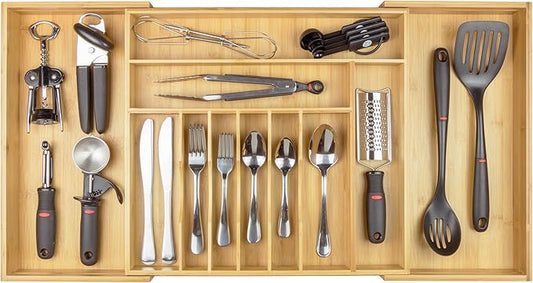 Premium Silverware, Flatware and Utensil Organizer for Kitchen Drawers, Food-Safe Contract Grade, Expandable from 18 to 33 In, Natural Bamboo-Ruum Studio Home