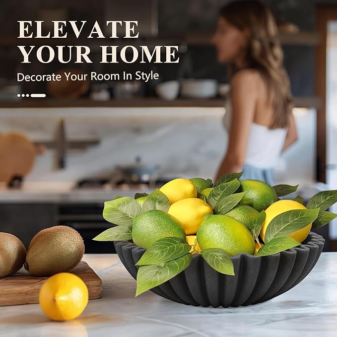 Large Decorative Bowl, Modern Handicraft Bowls for Home Decor, Decorative Fruit Bowl for Kitchen, Ruffle Bowl Decor, Stylish Key bowl for Entry Table, Artificial Stone Black-Ruum Studio Home