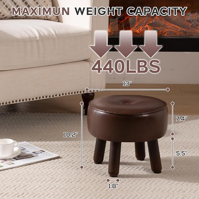 Small Foot Stool Ottoman, Round Pouf Foot Rest, Footstool Ottomans with Rubber Legs Under Desk, Faux Leather Footrest for Couch, Living Room, Bedroom, Office, 13''L x 13''W x 10.2''H, Coffee-Ruum Studio Home