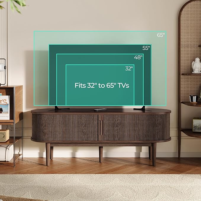 LINSY HOME TV Stand for 65" TV, Mid-Century Modern 58" Entertainment Center with Sliding Tambour Door and Storage Cabinet, Cruved TV Media Console Table for Living Room, Bedroom, Walnut-Ruum Studio Home