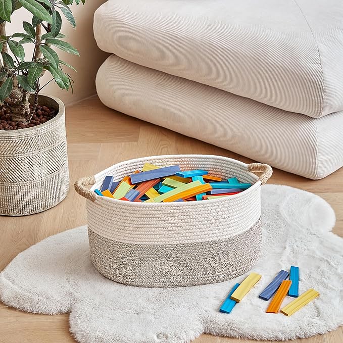 Storage Baskets for Organizing | 15"x10.2"x9.1" - 1 Pack Nursery Bin with Handles - Woven Cotton Rope Baskets for Dog Toys, Books, Shelf, Bathroom,Closet -Stylish Storage | White & Beige-Ruum Studio Home