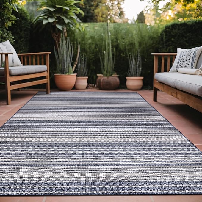 Stripe Outdoor Rug 9x12 Washable Outside Carpet for Indoor Patio Porch Waterproof Easy Cleaning Non Shedding Area Rugs Blue 9 x 12-Ruum Studio Home
