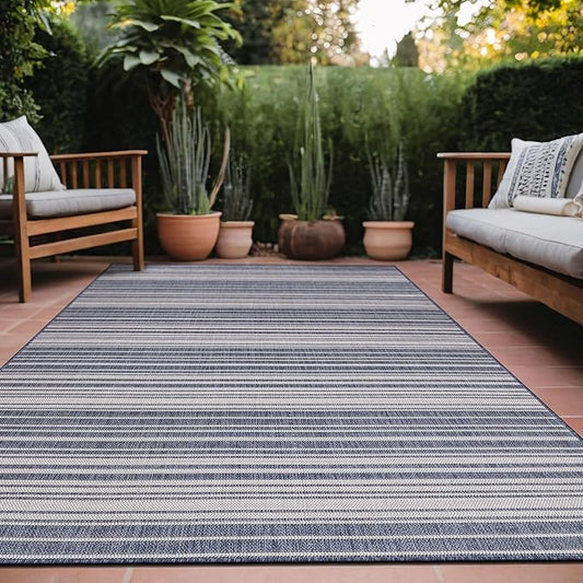Stripe Outdoor Rug 10x14 Washable Outside Carpet for Indoor Patio Porch Waterproof Easy Cleaning Non Shedding Area Rugs Blue 10 x 14-Ruum Studio Home