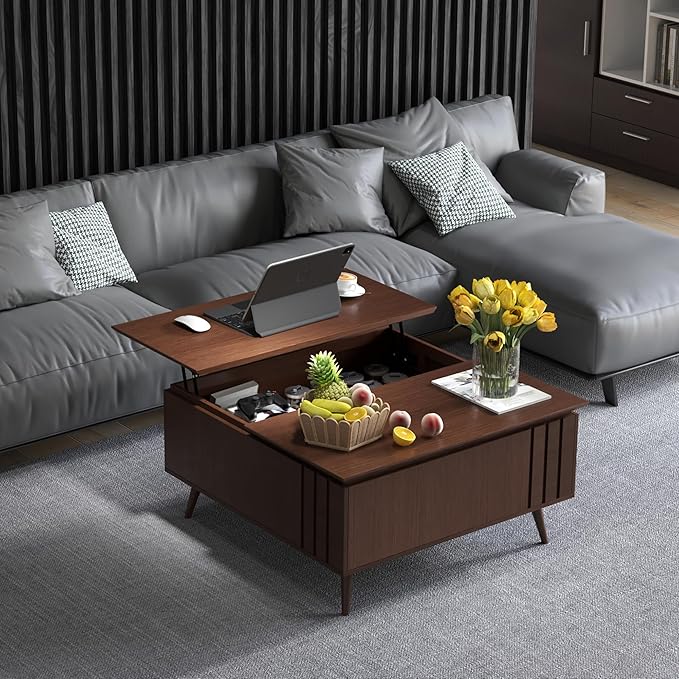 36.2" Lift Top Coffee Table with Storage, Large Square Coffee Tables with Hidden Compartment, Mid Century Modern Center Table for Home Office,Living Room,Dark Walnut-Ruum Studio Home