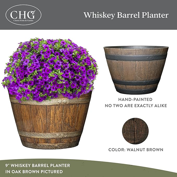 Classic Home & Garden Whiskey Barrel Planters - Wood Finish Flower Planter Pot - Stylish Garden Pots - Indoor & Outdoor Resin Planters - Weather-Resistant Planting Pots (15.5" Walnut Brown, Pack of 1)-Ruum Studio Home