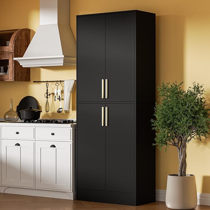 71" Tall Pantry Cabinet, 4 Doors Kitchen Pantry Storage Cabinet, Freestanding Larder Cupboard, Kitchen Hutch with Gold Handles for Dining Room, Bathroom, Black-Ruum Studio Home