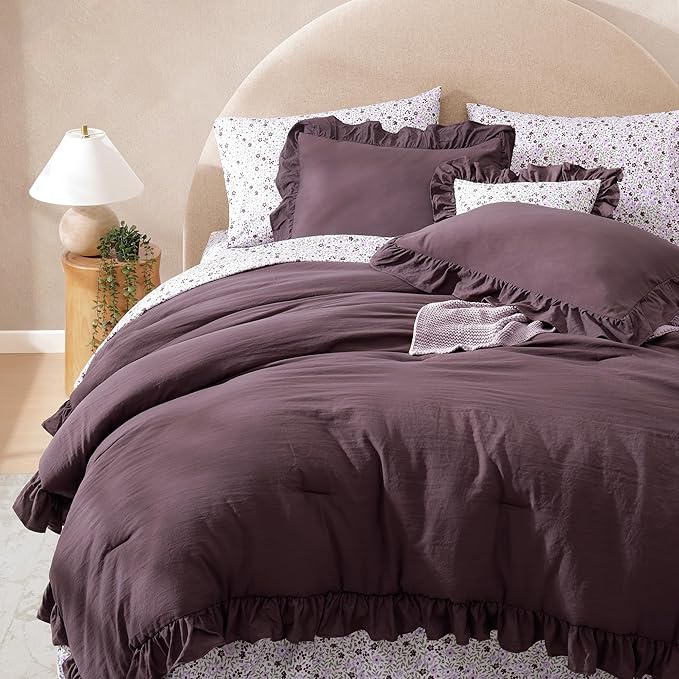 Queen Comforter Set - 7 Pieces Ruffle Purple Bedding Sets, Shabby Chic Farmhouse Bed in a Bag Queen with Ruffle Comforter, Floral Sheets, Pillowcases & Shams-Ruum Studio Home