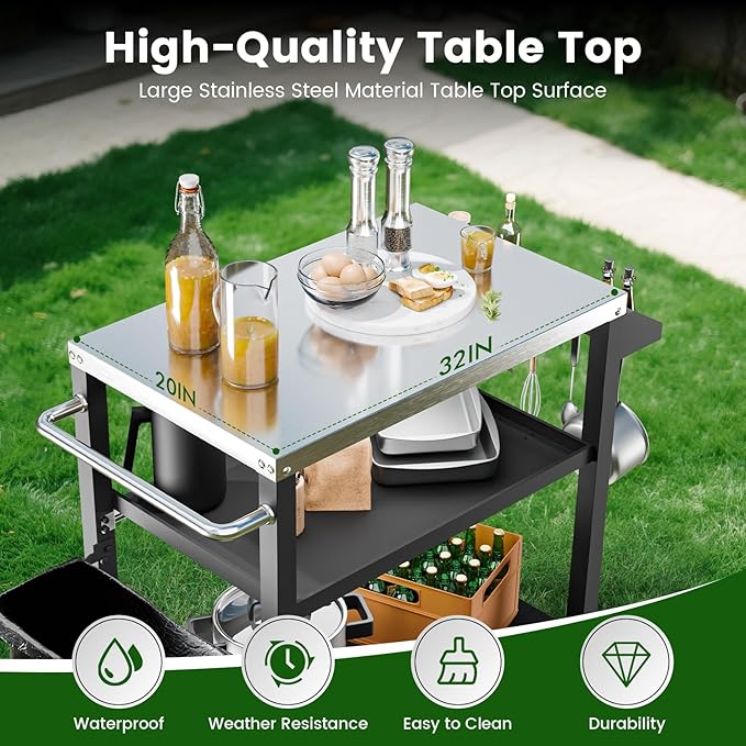 NUUK 3-Shelf Grill Cart with Stainless Steel Top – 20" x 32" Mobile Outdoor Kitchen Table for Pizza Oven, Food Prep, and Dining – Worktable with Wheels,-Ruum Studio Home