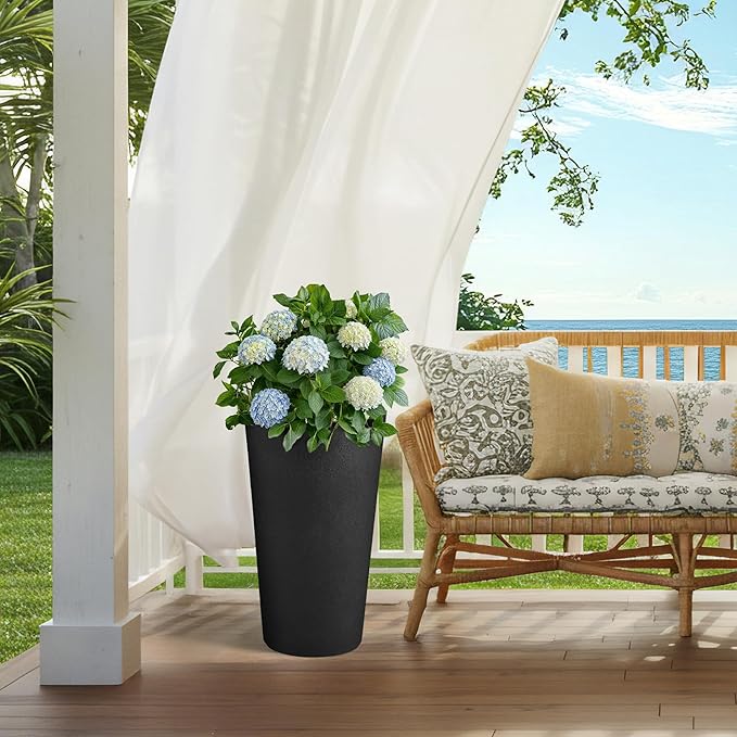 24" Tall Planters for Outdoor Plants, Set of 2 Heavy-Duty Resin Flower Pots, Matte Black Leather Grain Finish, Durable & Weather-Resistant, Ideal for Garden, Patio, Yard, Porch, or Home Use-Ruum Studio Home