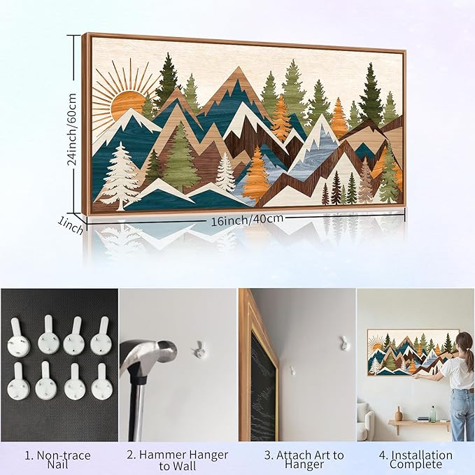 Tinonedraw Large Metal Mountain Framed Canvas Wall Art, Boho Rustic Sunrise Forest Wall Decor, 3 Piece Vintage Nature Artwork, Modern Wilderness Art Print for Living Room Bedroom Office 20"x40"-Ruum Studio Home