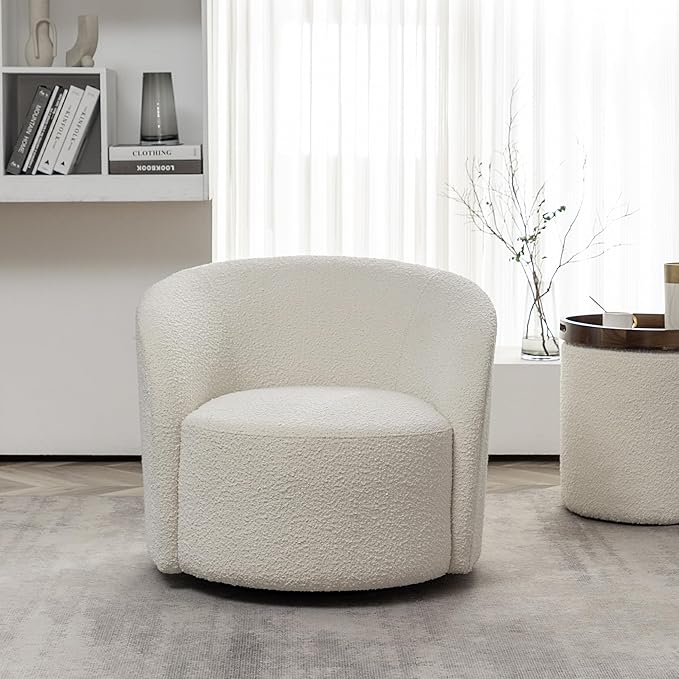 KINWELL 34" W Mid Century Modern Swivel Barrel Chair, Round Upholstered Boucle Swivel Accent Chairs, No Assembly Sofa Chair for Living Room Bedroom Reading Apartment Lounge Nursery(Cream)-Ruum Studio Home