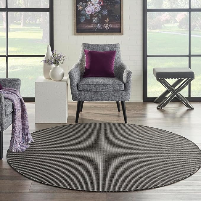 Nourison Positano Indoor/Outdoor Charcoal 6' x Round Area Rug, Easy Cleaning, Non Shedding, Bed Room, Living Room, Dining Room, Backyard, Deck, Patio (6 Round)-Ruum Studio Home