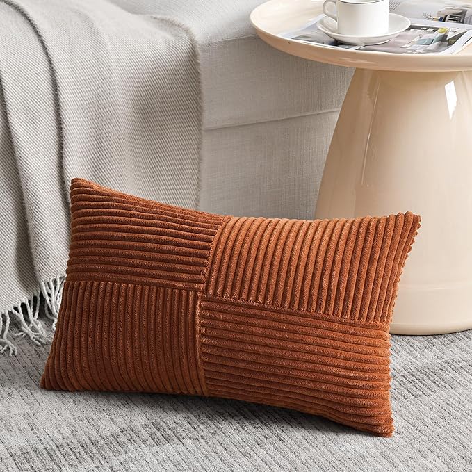 Fancy Homi 2 Packs Rust Lumbar Decorative Throw Pillow Covers 14x24 Inch for Couch Bed Sofa, Rustic Farmhouse Boho Home Decor, Soft Striped Corduroy Rectangle Accent Terracotta Cushion Case 35x60 cm-Ruum Studio Home