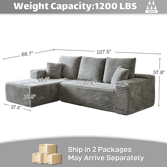 HYJT-H&K Modular Sectional Sofa Cloud Couch, 107" Comfy L Shaped Sectional Couches for Living Room, Deep Seat Memory Foam Plush Fluffy Corduroy Boneless Couch Sectionals Left Facing Sofa Chaise Grey-Ruum Studio Home