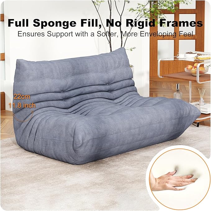 Full Foam Loveseat Sofa,Adults Bean Bag Chairs Floor Couch with Soft Waterproof Fabric,Armless Fireside Lounge Chair for Living Room,Apartment and Office (Grey)-Ruum Studio Home