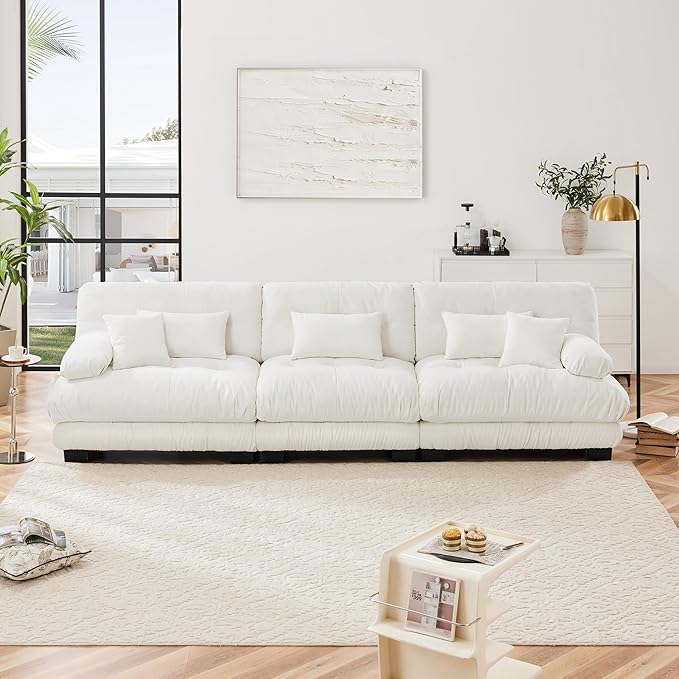 Modular Sectional Sofa Cloud Couch 3-Seater Deep Seat Sofa Couch, Oversized Couch Bed Sectional Couch with Round Bolster Armrests 5 Pillows, Modern Sofa Chair Comfy Couch(White)-Ruum Studio Home