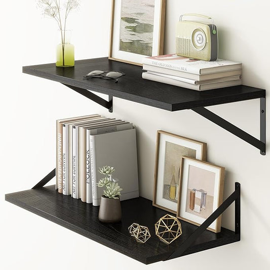 Fun Memories 27.5" W x12 D Floating Shelves, Black Wall Shelf with Brackets, 12 Inch Deep Floating Shelf Set of 2, Large Storage Kitchen Living Room Bathroom Shelves, Wood Wall Mounted Shelf-Ruum Studio Home