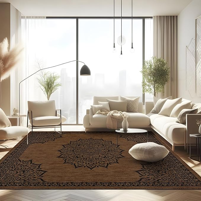 CAMILSON Outdoor Rug, 10x14 Medallion Nut Brown Black Modern Area Rugs for Large Indoor and Outdoor Patios, Kitchen and Hallway Mats, Washable Porch Deck Outside Carpet (Nut Brown Black, 10 x 14)-Ruum Studio Home