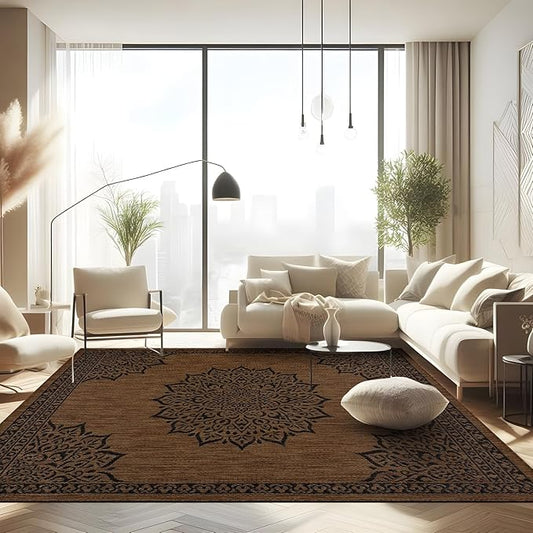 CAMILSON Outdoor Rug, 10x14 Medallion Nut Brown Black Modern Area Rugs for Large Indoor and Outdoor Patios, Kitchen and Hallway Mats, Washable Porch Deck Outside Carpet (Nut Brown Black, 10 x 14)-Ruum Studio Home