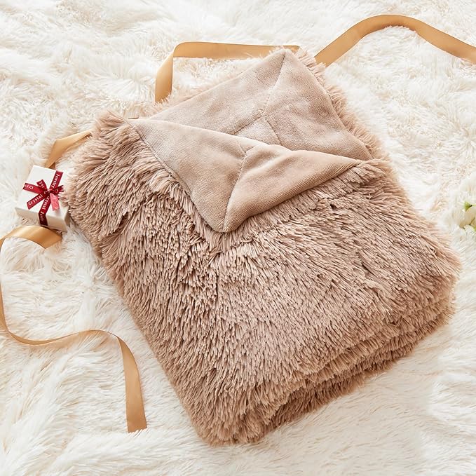 GONAAP Fuzzy Faux Fur Throw Blanket Twin Size Taupe Super Soft Cozy Plush Fuzzy Shaggy Blanket for Couch Sofa Bed (Taupe, Twin(60"x80"))-Ruum Studio Home