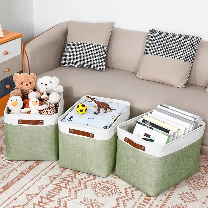 DULLEMELO 16 inch Fabric Storage Basket, Decorative Storage Boxes with Leather Handle for Closet Shelf Nursery, Collapsible Linen Storage Bins for Organizing Toys Book Towel Organizers(White&Green)-Ruum Studio Home