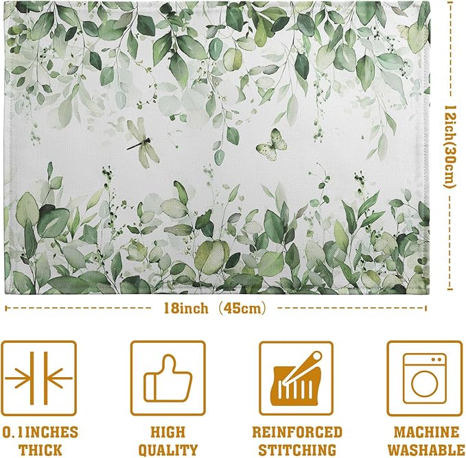 Sage Green Leaf Placemats Set of 4 Eucalyptus Leaves Place Mats 12×18 Inch Spring Summer Rustic Vintage Farmhouse Washable Linen Fabric Table Mats for Party Kitchen Dining Outdoor Indoor Decor-Ruum Studio Home