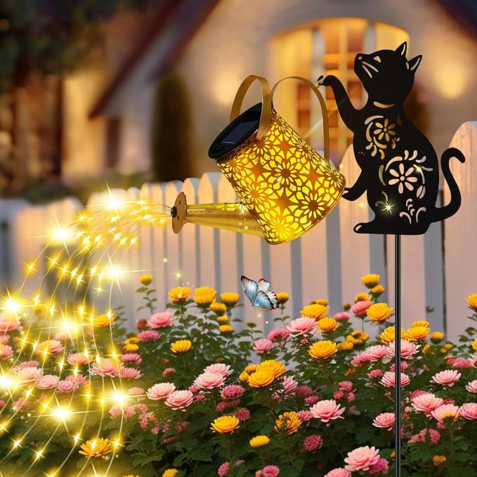 Solar Lights Outdoor Decorative, Watering Can with Cascading Lights, with Cat Silhouette Garden Stakes, Waterproof Metal Garden Decor for Yard Art, Outside, Patio, Lawn Ornaments-Ruum Studio Home