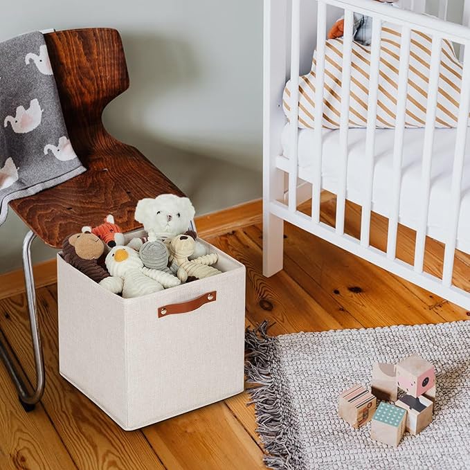 HNZIGE Foldable Storage Cubes Bins for Organizing, Set of 4, Fabric Cube Canvas Storage Bins 11 x11, Collapsible Bins for Organization with Handles for Shelf Nursery(Beige)-Ruum Studio Home