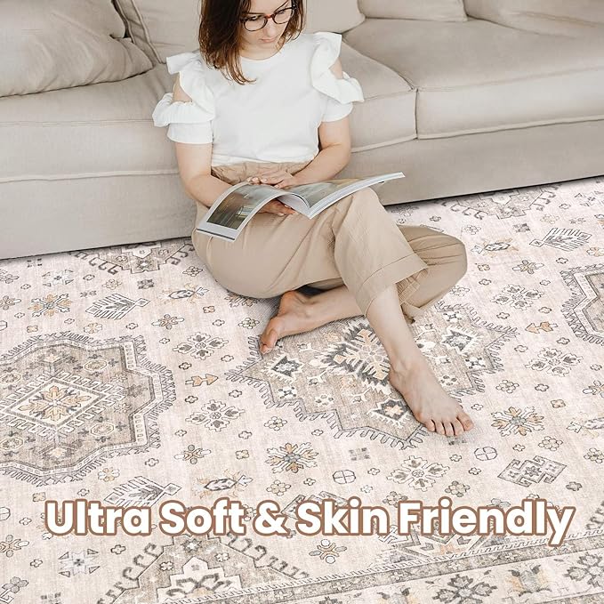 Washable Area Rugs for Living Room - 7x9 Neutral Vintage Distressed Floral Farmhouse Boho Large Soft Floor Rug Indoor Non Slip Carpet for Living Room Bedroom Dining Room Office - Beige Brown-Ruum Studio Home