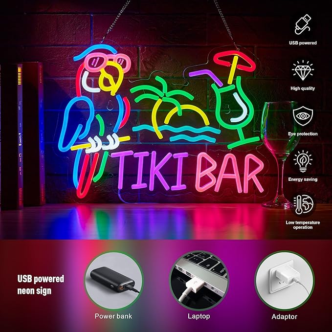 Tiki Bar Parrot Palm Tree Neon Sign for Wall Decor Hawaii Beach Bar LED Light up Signs with Dimmer for Pub Party Man Cave Room Art Decor Gift-Ruum Studio Home